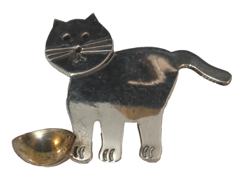 Vintage Sterling Silver 925 Cat & Food Bowl Brooch Tasco Mexico 1 1/2"